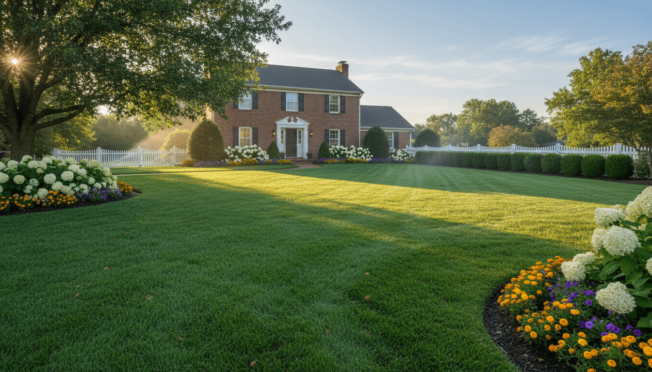 Beautiful landscaped yard with perfectly maintained lawn and vibrant green grass