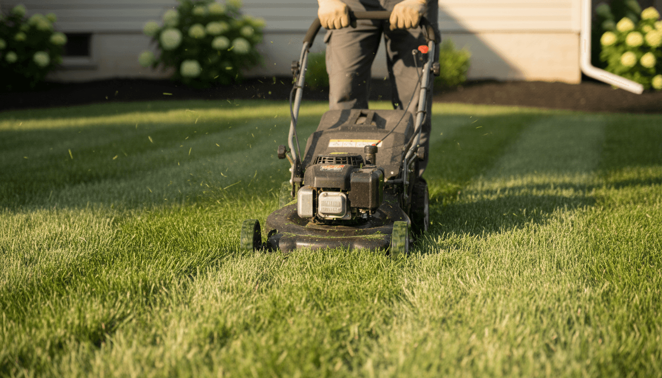 Professional landscaper mowing a healthy green lawn with precision care