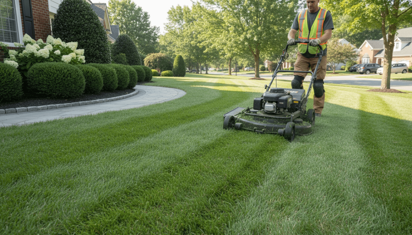 Professional landscaper mowing a well-maintained lawn in a residential yard