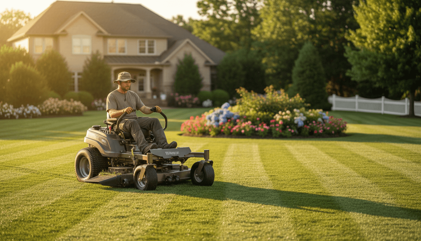 Landscaper mowing a well-maintained residential lawn in Round Rock