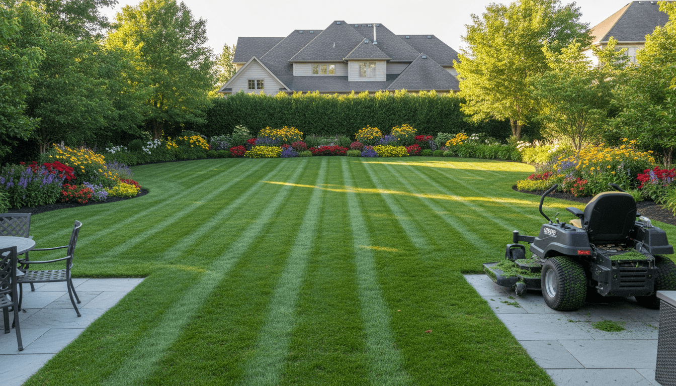 Beautifully maintained residential lawn with lush green grass and neat landscaping