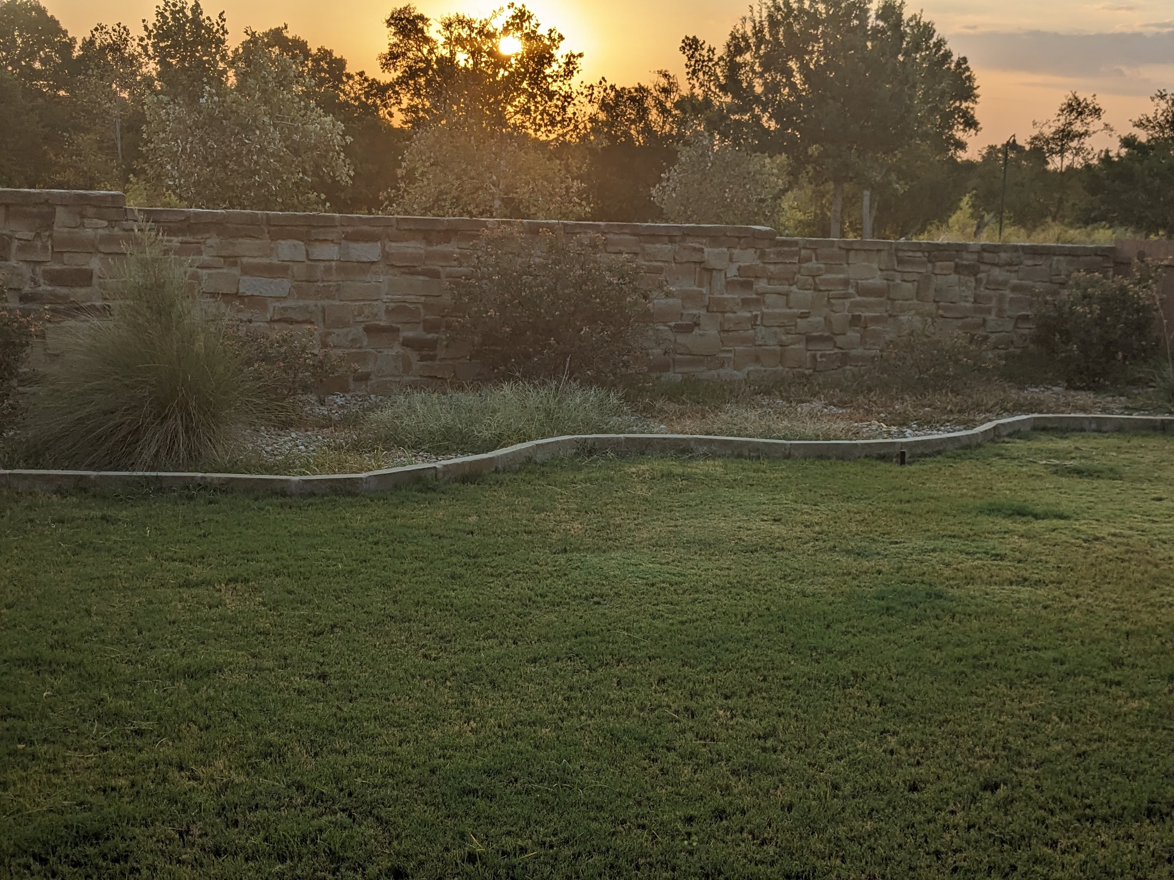 Golden sunset light filters through trees behind a long stone wall and green lawn.